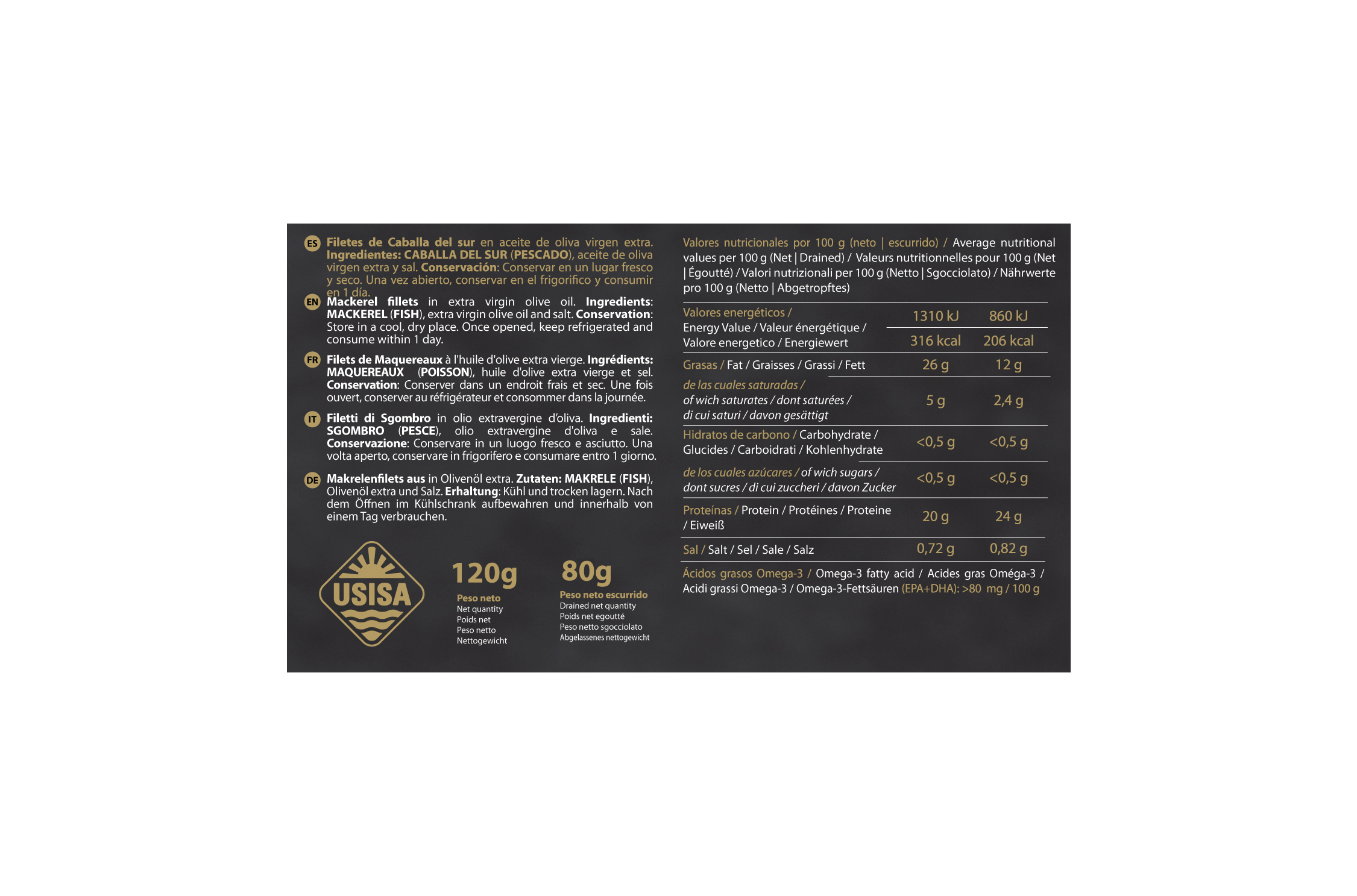 Filetes de Caballa del Sur en Aceite de Oliva Virgen Extra USISA 85gr. Filetes de Caballa del Sur en Aceite de Oliva Virgen Extra USISA 85gr. - Imagen 2